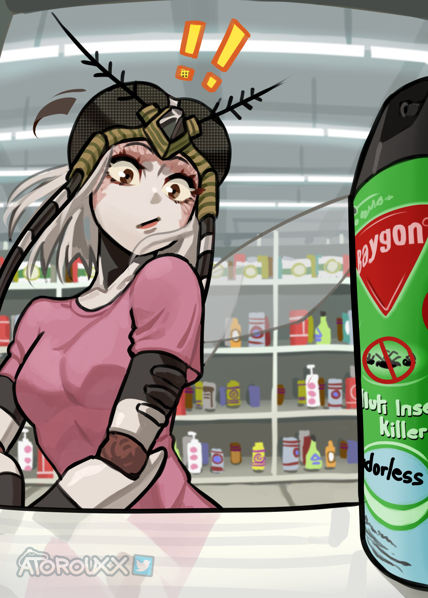 ! !! 1girl absurdres arthropod_girl artist_name atoroux breasts brown_eyes bug_spray closed_mouth colored_skin english_text highres looking_ahead medium_breasts monster_girl mosquito_girl mosquito_musume one-punch_man red_shirt shirt short_sleeves solo white_skin
