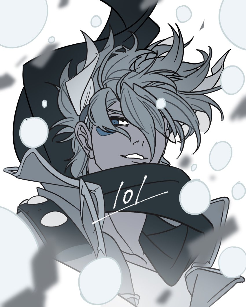 1boy alternate_color alternate_eye_color alternate_hair_color battle_tendency birthday black_scarf blue_eyes blurry blurry_foreground caesar_anthonio_zeppeli commentary eyebrows_hidden_by_hair facial_mark feather_hair_ornament feathers floating_hair floating_scarf grey_hair grey_jacket feather_hair_ornament highres jacket jojo_no_kimyou_na_bouken male_focus no_headband sakaikurinea scarf short_hair smile solo