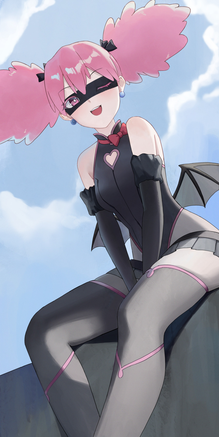 1girl absurdres black_leotard black_mask blue_sky blush boku_no_hero_academia clothing_cutout detached_sleeves earrings eye_mask gloves haneyama_kazuho heart heart_cutout highres jewelry leotard looking_at_viewer low_wings mask one_eye_closed open_mouth pantyhose pink_eyes pink_hair pink_trim simple_background sitting skirt sky smile solo superhero_costume thighhighs twintails user_knmx5385 v_arms vigilante_-boku_no_hero_academia:_illegals- wings