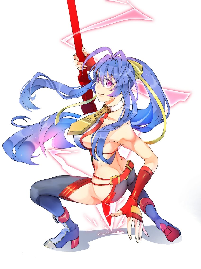 1girl antenna_hair arc_system_works ass bare_shoulders blazblue boots bow breasts butt_crack figreto123 fingerless_gloves from_above from_behind gloves hair_bow hair_ribbon halterneck high_heel_boots high_heels highres large_breasts long_hair looking_at_viewer mai_natsume outseal pants pink_eyes polearm ponytail ribbon sideboob smile solo spear very_long_hair weapon