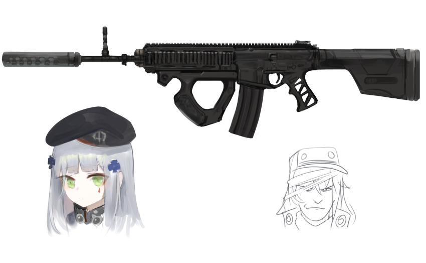 2girls beret black_headwear black_jacket closed_mouth commentary cropped_shoulders dokomon english_commentary facial_mark flat_cap g11_(girls&#039;_frontline) girls&#039;_frontline green_eyes grey_hair gun hair_ornament hat highres hk416_(girls&#039;_frontline) jacket long_hair looking_at_viewer man_face multiple_girls portrait simple_background suppressor weapon weapon_request white_background