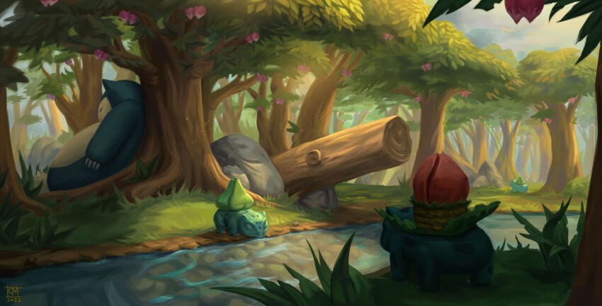 absurdres berry_(pokemon) bulbasaur chimeradite claws drinking forest gen_1_pokemon grass highres ivysaur light_particles nature nintendo no_humans outdoors pecha_berry pidgeotto plant pokemon pokemon_(creature) river rock scenery signature sleeping snorlax tree vines