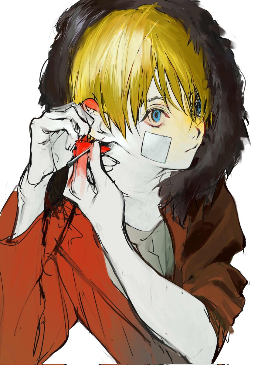 1boy arms_up bandage_on_face bandages black_fur blonde_hair blood blood_on_ears blood_on_hands blue_eyes closed_mouth curled_fingers ear_piercing expressionless fur-trimmed_hoodie fur_trim grey_shirt hair_between_eyes hand_on_own_ear highres holding holding_needle hood hood_up hoodie kenny_mccormick looking_ahead male_focus miyu_(shiyemiyu) needle orange_hoodie piercing pulling_own_ear sanpaku shirt simple_background solo south_park undershirt white_background