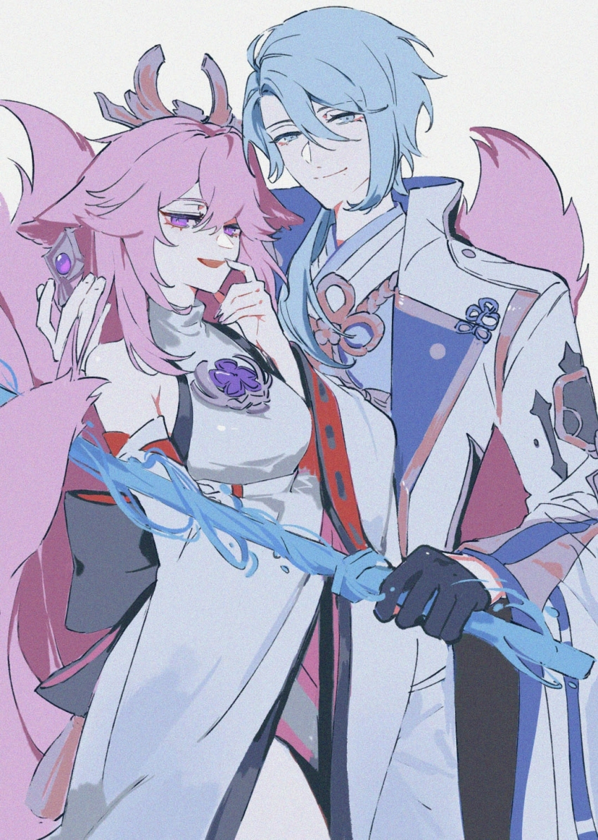 1boy 1girl animal_ears arm_behind_another&#039;s_back armpit_crease bare_shoulders black_gloves chinese_commentary closed_mouth coat collared_coat couple detached_sleeves formal_clothes fox_girl fox_tail genshin_impact gloves hair_between_eyes hand_on_own_face hand_up hands_up head_tilt headpiece hetero high_collar highres holding holding_sword holding_weapon jacket jewelry kamisato_ayato light_smile long_hair long_sleeves looking_at_viewer looking_to_the_side multiple_tails open_clothes open_jacket open_mouth pants pendant pink_hair purple_eyes simple_background smile standing sugar1045 suit sword tail thighs upper_body wavy_hair weapon white_background white_coat white_pants wide_sleeves yae_miko