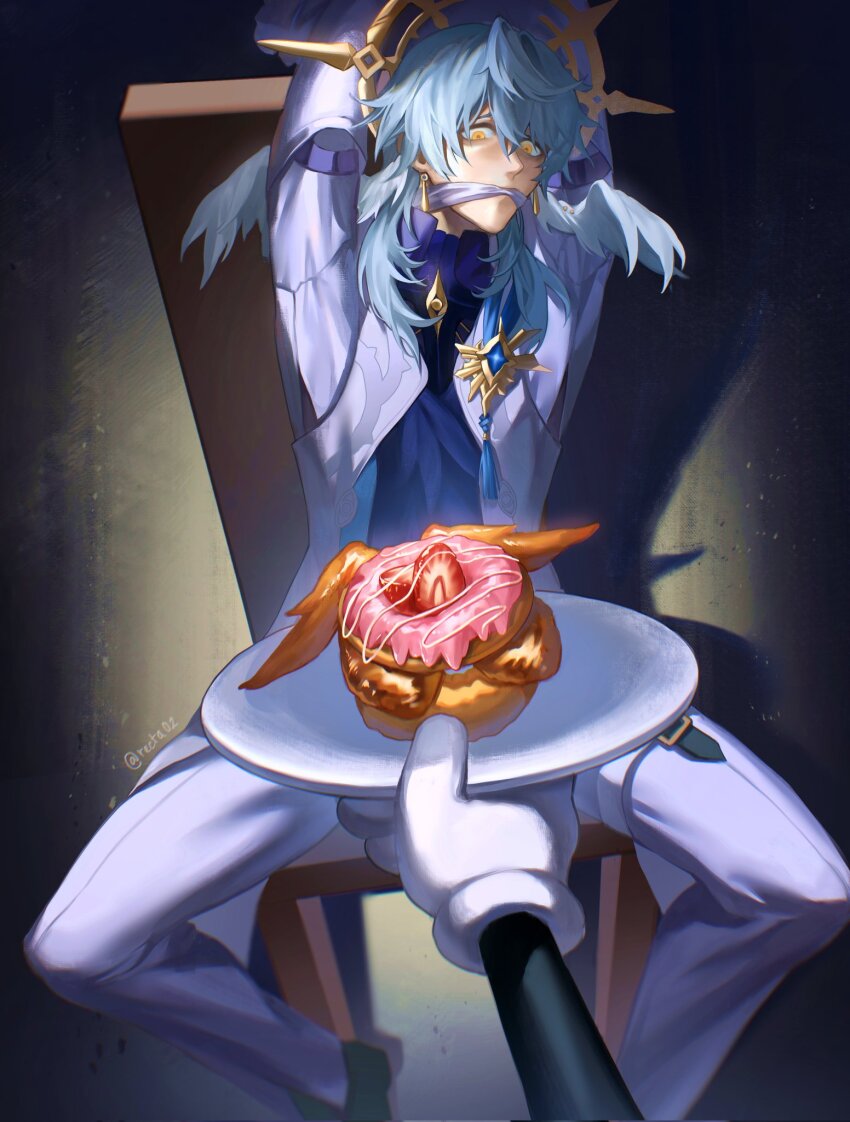 arms_up blue_hair bound bound_arms chair chicken_wing clockie_(honkai:_star_rail) covered_mouth donut food fruit highres honkai:_star_rail honkai_(series) male_focus on_chair recta02 scared strawberry sunday_(honkai:_star_rail) wings yellow_eyes