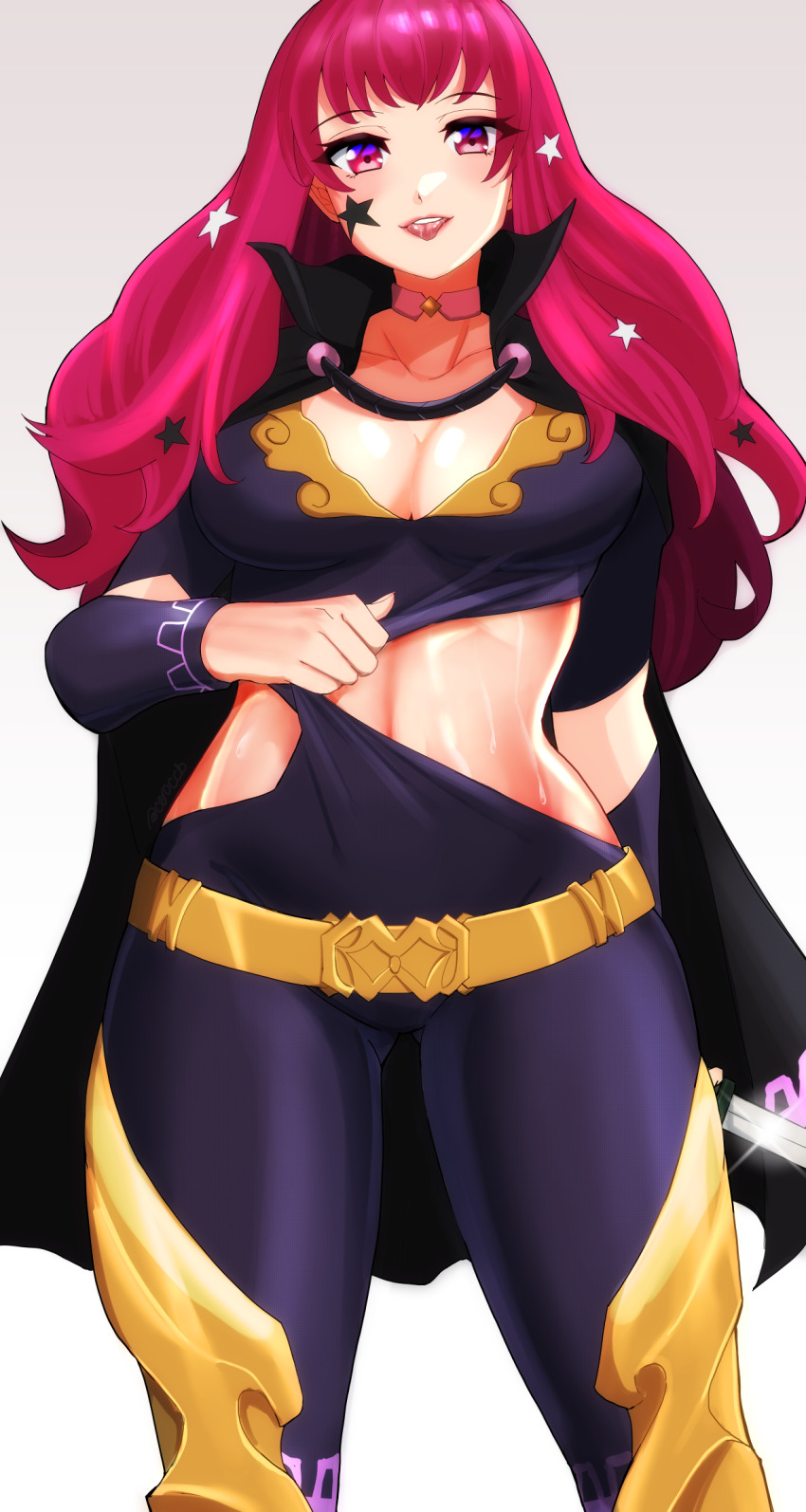 1girl :p belt black_cape bodysuit breasts cape ceroccb chest_strap choker cleavage clothing_cutout collarbone dagger detached_sleeves facial_mark fire_emblem fire_emblem_engage gluteal_fold gold_belt hair_ornament head_out_of_frame highres holding holding_dagger holding_knife holding_weapon knife large_breasts long_hair navel nintendo pink_choker red_eyes red_hair saliva side_cutout solo star_(symbol) star_facial_mark star_hair_ornament sweat tongue tongue_out weapon yunaka_(fire_emblem)