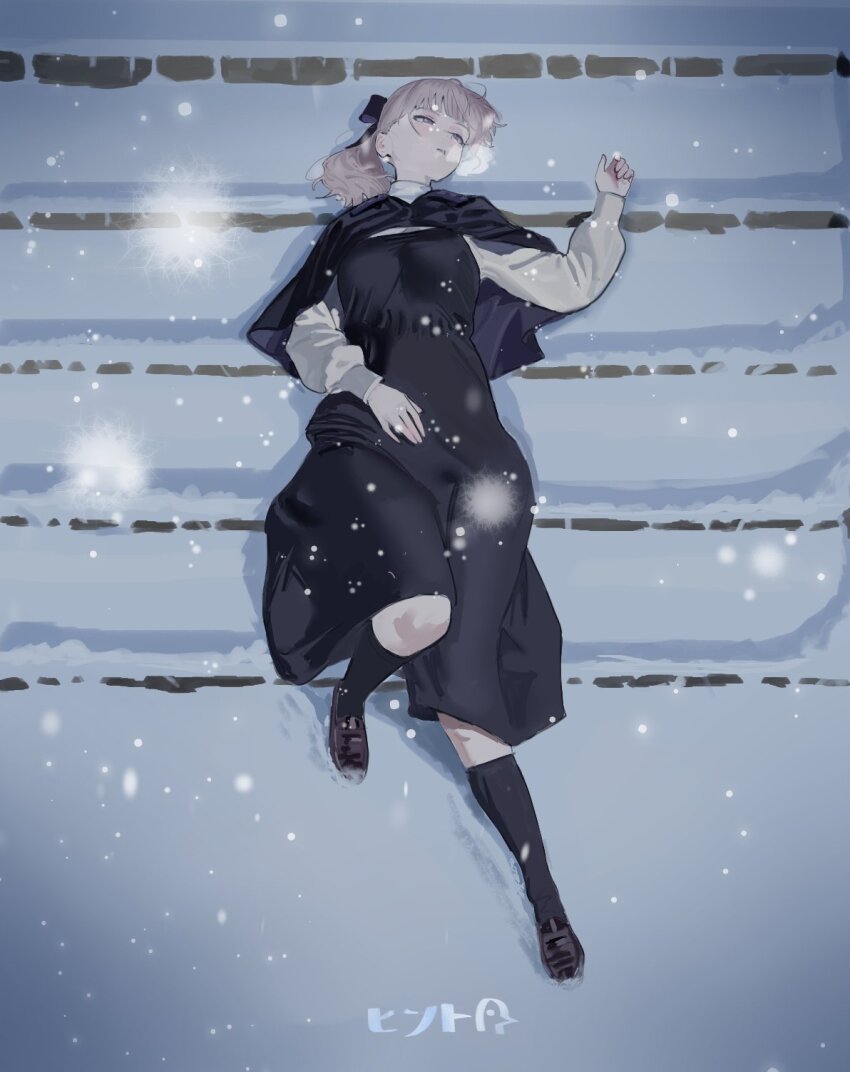 1girl black_dress black_ribbon black_shawl blade_runner blade_runner_2049 blunt_bangs bow dress full_body goslingposting_(meme) grey_hair hair_bow highres hintobento lapwing_(vrchat) lying meme on_back ponytail ribbon shawl snow snowing solo stairs vrchat
