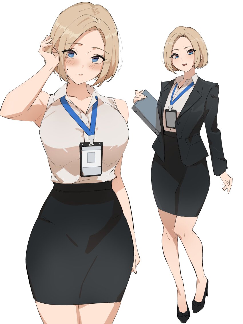 1girl absurdres black_skirt blush breasts business_suit collared_shirt formal_clothes highres id_card jacket lanyard large_breasts office office_lady original pantyhose pen_guin15 pencil_skirt shirt short_hair skirt skirt_suit solo suit white_shirt