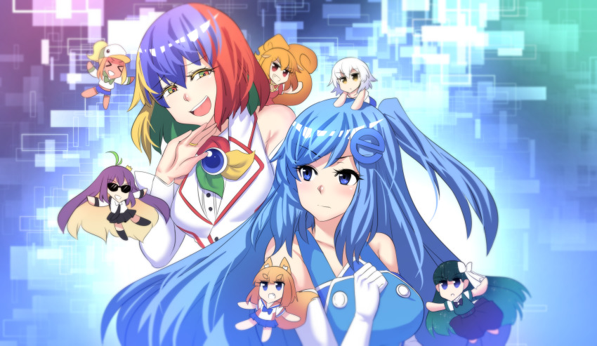 &gt;_&lt; 6+girls :o abstract_background absurdres ahoge animal_ears bad_id bad_pixiv_id bare_shoulders bing bing_(merryweather) black_bow black_hair black_neckwear black_skirt blonde_hair blue_bow blue_eyes blue_hair blue_neckwear blue_skirt blunt_bangs blush bow bowtie breasts brooch chibi chrome-tan collarbone detached_sleeves duckduckgo duckduckgo_(merryweather) dyed_ahoge elbow_gloves firefox_(merryweather) floating fox_ears fox_tail gloves google_chrome google_chrome_(merryweather) gradient_hair green_bow green_eyes green_hair green_neckwear hair_bow hair_ornament half-closed_eyes highres hinghoi internet_explorer internet_explorer_(merryweather) internet_explorer_(webcomic) jewelry long_hair medium_breasts medium_hair merryweather mini_person minigirl mozilla_firefox multicolored_eyes multicolored_hair multiple_girls necktie netscape netscape_(merryweather) ojou-sama_pose on_head open_mouth orange_hair original os-tan person_on_head personification pleated_skirt product_girl purple_hair red_eyes red_hair ring sailor_collar serafku serious shirt short_sleeves shorts skirt sleeveless smile smug squirrel_ears squirrel_tail sunglasses tail tor_(merryweather) tor_browser uc-tan uc_browser uc_browser_(merryweather) upper_body v-shaped_eyebrows very_long_hair white_bow white_gloves white_hair white_shirt white_sleeves yellow_eyes