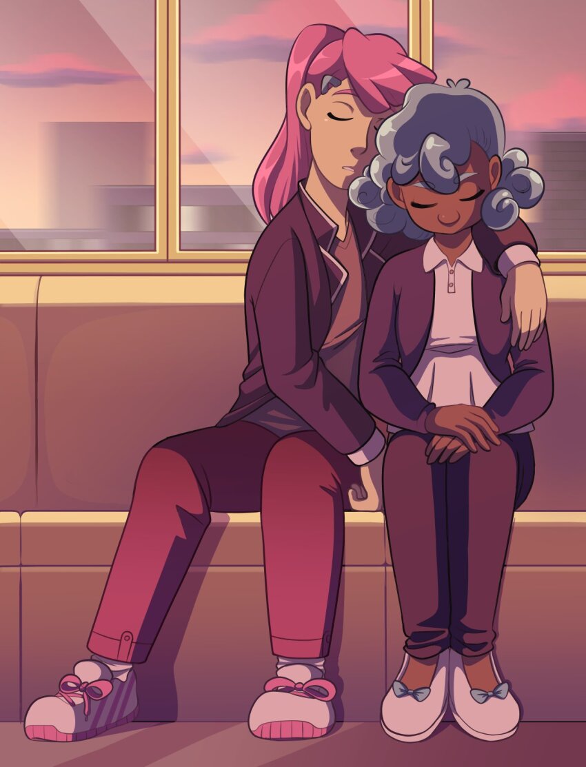 2girls black_pants blue_hair closed_eyes collared_shirt couple curly_hair dark-skinned_female dark_skin degravitify full_body golden_hour hair_ornament hairclip high_heels high_ponytail highres jacket kokoro_aichi leaning_on_person leather leather_jacket long_hair long_sleeves loose_socks multiple_girls open_clothes open_jacket pants pink_hair pink_shoes ponytail red_pants shirt shoes sitting sleeping sleeping_on_person sleeping_upright sleepless_domain sneakers socks train_interior undine_wells white_shirt white_shoes yuri