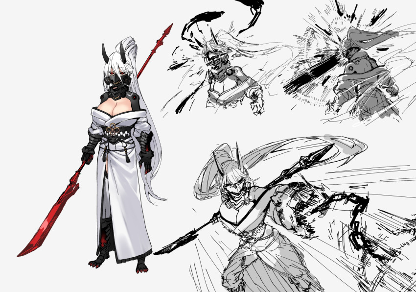 1girl black_horns black_mask black_sclera breasts chain clawed_boots clawed_gauntlets cleavage colored_sclera cyborg front_slit ganesagi gorget hair_between_eyes high_ponytail holding holding_polearm holding_weapon horns japanese_clothes kimono large_breasts long_hair long_hair_between_eyes mask mouth_mask multiple_views off_shoulder original polearm ponytail red_eyes respirator shout_lines very_long_hair weapon white_background white_hair white_kimono