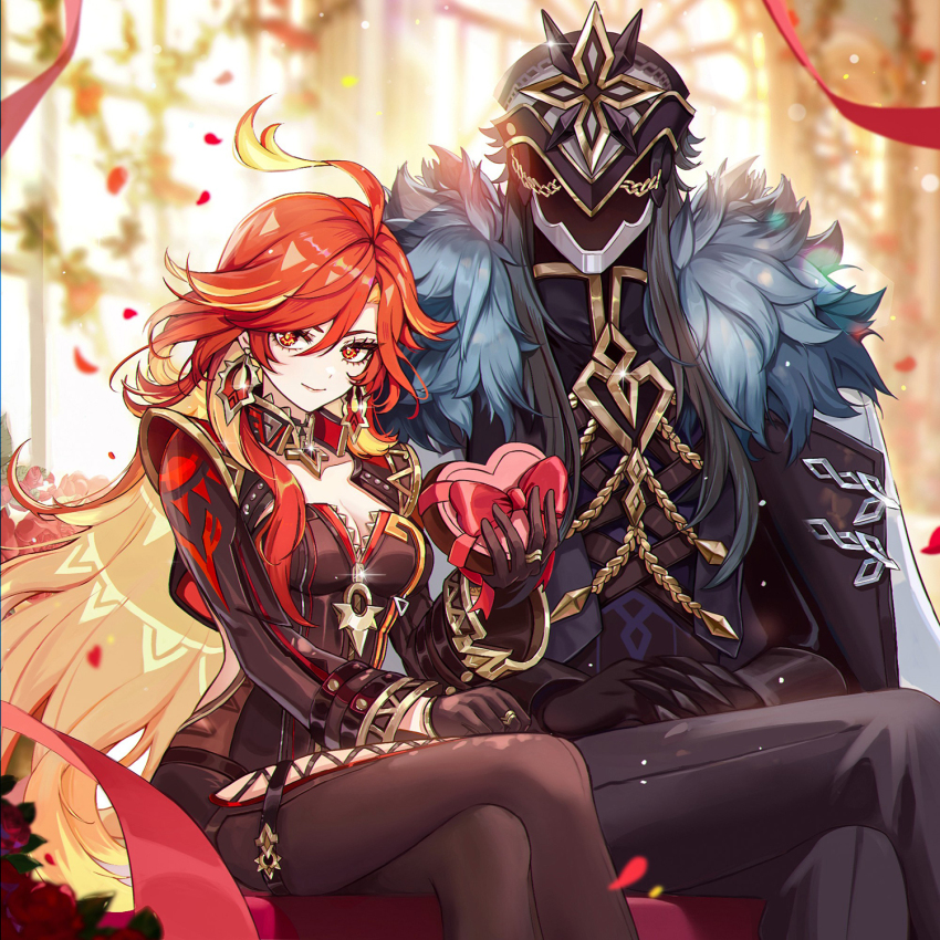1boy 1girl ahoge biker_clothes bikesuit black_bodysuit black_helmet black_pants bodysuit box breasts capitano_(genshin_impact) cleavage closed_mouth coat couple crossed_legs earrings faceless faceless_male falling_petals fatui_coat flower fur-trimmed_coat fur_trim genshin_impact hashtag-only_commentary heart-shaped_box helmet highres huge_ahoge large_breasts looking_at_viewer mask mavuika_(genshin_impact) multicolored_hair orange_eyes orange_pupils pants petals red_hair sitting smile spiked_helmet sun_earrings symbol_in_eye valentine veryslow_zzzpin window zipper zipper_pull_tab