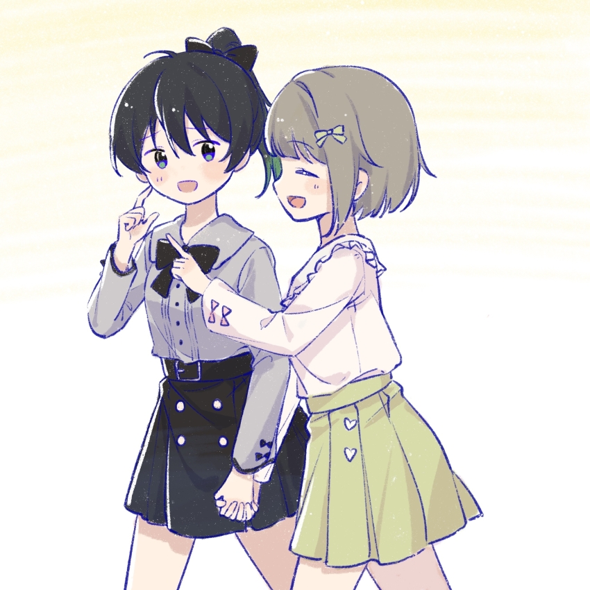 2girls :d black_bow black_bowtie black_hair black_skirt bob_cut bow bowtie brown_ribbon chinese_commentary closed_eyes collared_shirt commentary_request finger_to_cheek frilled_shirt frills gradient_hair green_hair green_skirt grey_hair grey_shirt hair_between_eyes hair_bow hair_ribbon high-waist_skirt high_ponytail highres holding_hands interlocked_fingers looking_at_another love_live! love_live!_nijigasaki_high_school_idol_club miniskirt multicolored_hair multiple_girls nakasu_kasumi open_mouth pleated_skirt ponytail ribbon shirt short_hair skirt smile starringooo takasaki_yu white_shirt yuri
