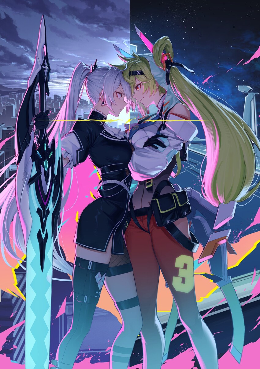 2girls ai-chan_(honkai_impact) ai_hyperion_lambda ai_hyperion_lambda_(chrono_navi) ascot black_garter_belt black_shirt black_thighhighs blue_eyes cloud cloudy_sky cosplay crossed_arms earrings eyeliner fishnets galo_thymos galo_thymos_(cosplay) garter_belt green_hair height_difference high_ponytail highres holding holding_sword holding_weapon honkai_(series) honkai_impact_3rd imminent_fight jewelry kiana_kaslana kiana_kaslana_(herrscher_of_flamescion) korean_commentary lio_fotia lio_fotia_(cosplay) long_hair long_sleeves looking_at_another makeup multiple_girls namahamu913 night night_sky official_alternate_costume pants ponytail promare red_eyeliner red_eyes red_pants second-party_source serious shirt single_earring single_thighhigh sky smile star_(sky) sword teeth thigh_strap thighhighs twintails upper_teeth_only v-shaped_eyebrows weapon white_ascot white_shirt