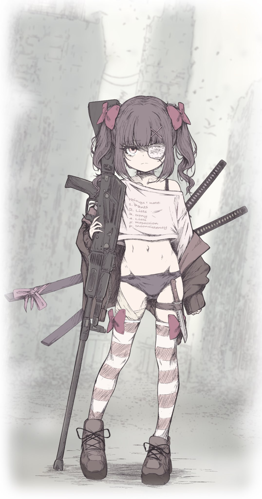 1girl arm_at_side assault_rifle black_hair black_panties blunt_bangs bow bow_legwear brown_cardigan brown_shoes cardigan closed_mouth collarbone commentary_request crop_top cropped_shirt dot_nose expressionless eyepatch fallenshadow full_body gun hair_bow hair_ornament hand_up highres holding holding_gun holding_weapon indie_virtual_youtuber katana knife long_sleeves medical_eyepatch medium_hair midriff muted_color navel off-shoulder_shirt off_shoulder one_eye_covered panties petite pettan_(zeez4743) red_bow rifle sheath sheathed shirt shoes sleeves_past_wrists solo split_mouth standing striped_clothes striped_thighhighs sword thigh_strap thighhighs twintails underwear variant_set virtual_youtuber weapon white_shirt x_hair_ornament