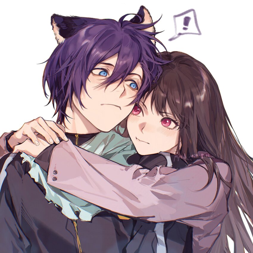 ! 1boy 1girl animal_ears arms_around_neck black_jacket black_shirt blue_eyes blush brown_hair closed_mouth front-to-back green_scarf hair_between_eyes hetero highres hug hug_from_behind iki_hiyori jacket long_hair long_sleeves looking_at_another noragami own_hands_together pink_eyes purple_hair purple_jacket scarf shirt short_hair simple_background speech_bubble spoken_exclamation_mark track_jacket upper_body white_background xuchuan yato_(noragami)