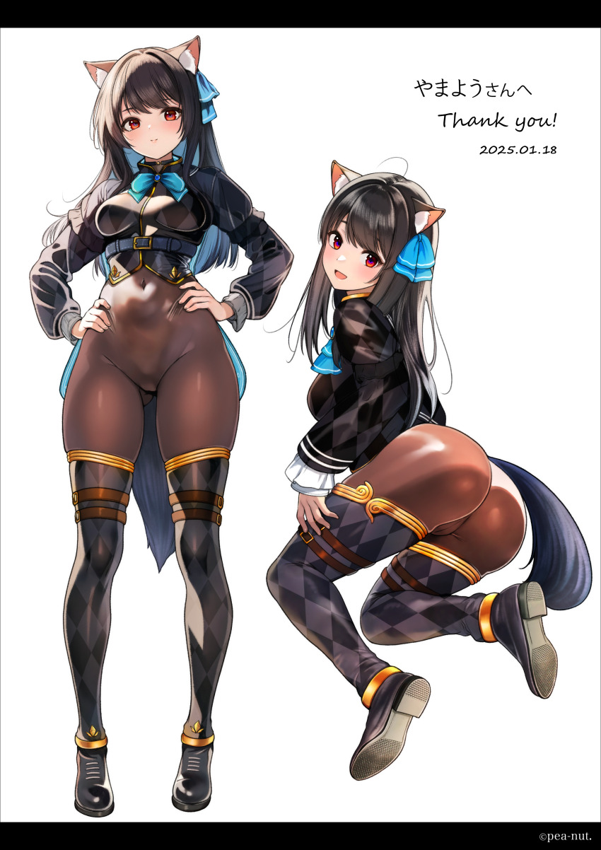 1girl :d absurdres animal_ears ascot ass black_footwear black_hair black_thighhighs blue_ascot blue_hair blush bodystocking bow bowtie breasts buckle cameltoe closed_mouth colored_inner_hair covered_navel crop_top frilled_sleeves frills full_body gluteal_fold hanako_(peanut) hands_on_own_hips highres long_sleeves looking_at_viewer looking_back medium_breasts multicolored_hair multiple_views open_mouth pink_bow pink_bowtie red_eyes simple_background skindentation smile standing svartlilja_(vrchat) swept_bangs tail thighhighs two-tone_hair vrchat white_background