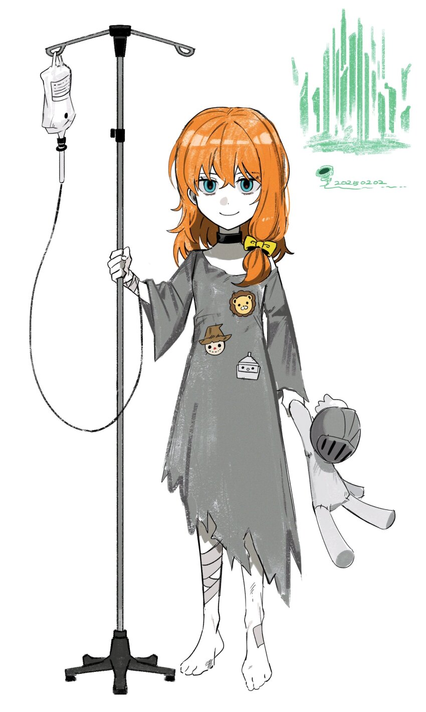 1girl absurdres asdf1211950 barefoot black_choker black_souls bow character_doll choker closed_mouth dorothy_(black_souls) dress full_body grey_dress grimm_(black_souls) hair_bow highres intravenous_drip long_hair looking_at_viewer low-tied_sidelocks sidelocks simple_background smile solo the_wizard_of_oz white_background yellow_bow