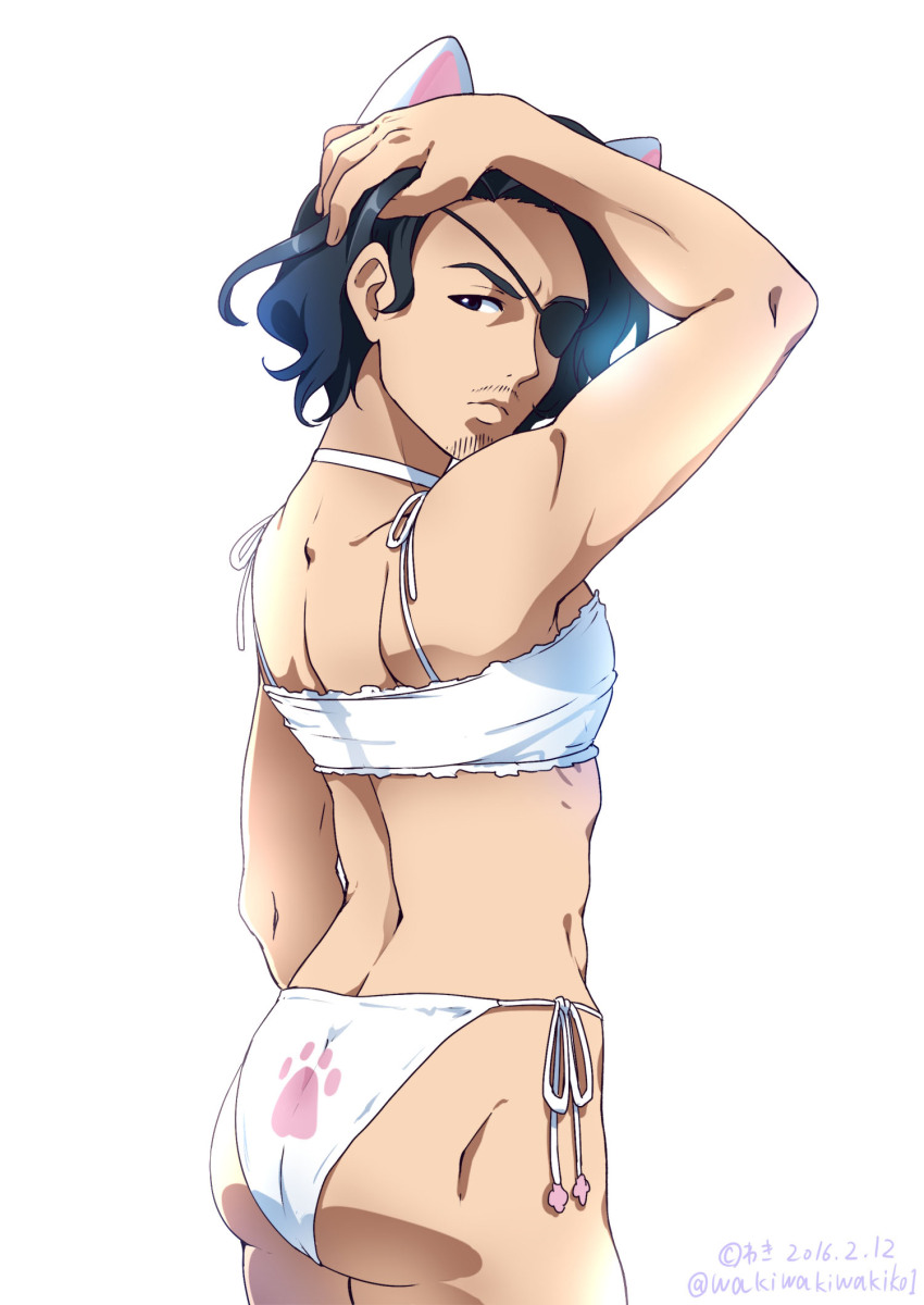 1boy animal_ears arm_at_side arm_up artist_name ass back_muscles backlighting bare_arms bare_shoulders beard_stubble black_eyes black_hair bra cat_ears choker closed_mouth commentary_request cowboy_shot dated expressionless eyepatch facial_hair fake_animal_ears forehead from_behind furrowed_brow gochuumon_wa_usagi_desu_ka? hand_in_own_hair highres lingerie looking_back male_focus mature_male messy_hair muscular muscular_male mustache_stubble neki_(wakiko) official_style one_eye_covered panties paw_print pectorals ribs short_hair shoulder_strap side-tie_panties sideways_glance simple_background solo standing stubble tedeza_rize&#039;s_father thick_eyebrows twitter_username underwear what white_background white_bra white_choker white_fur white_theme