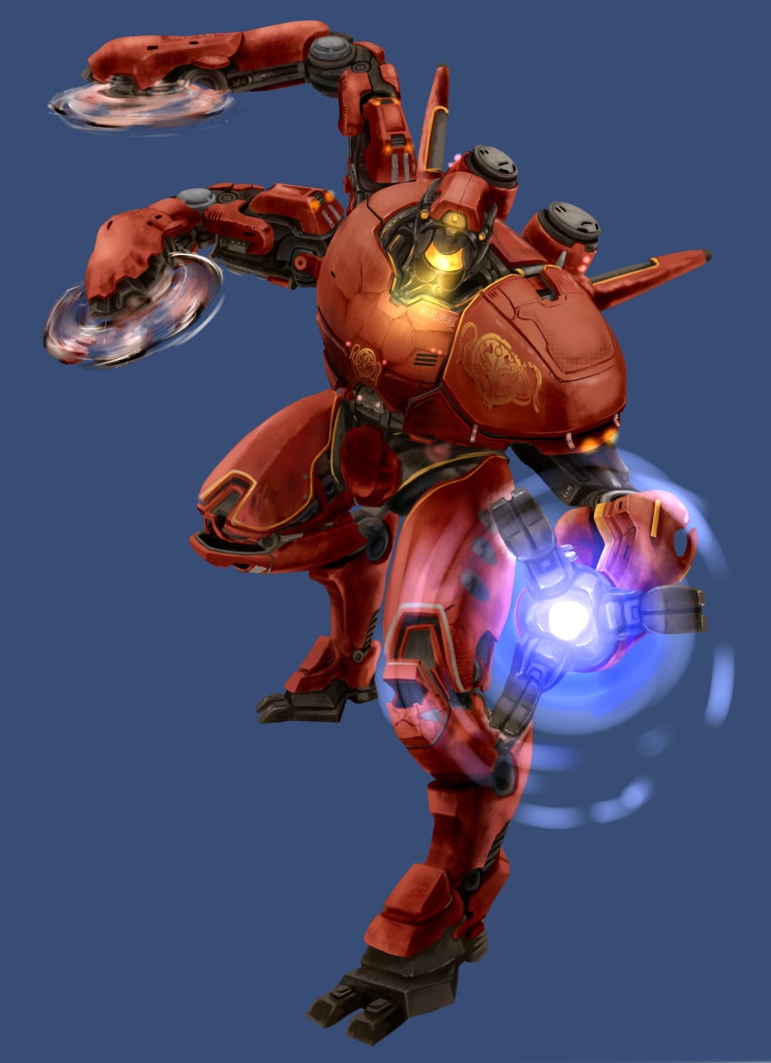 absurdres arm_cannon cannon circular_saw crimson_typhoon directed-energy_weapon dragon eastern_dragon energy energy_ball energy_cannon energy_weapon extra_arms facial_hair giant_robot glowing highres ib22_plasmacaster jaeger_(pacific_rim) legendary_pictures mecha mustache pacific_rim pan_pacific_defense_corps plasma plasma_cannon remu_(kirieroido) robot saw simple_background weapon
