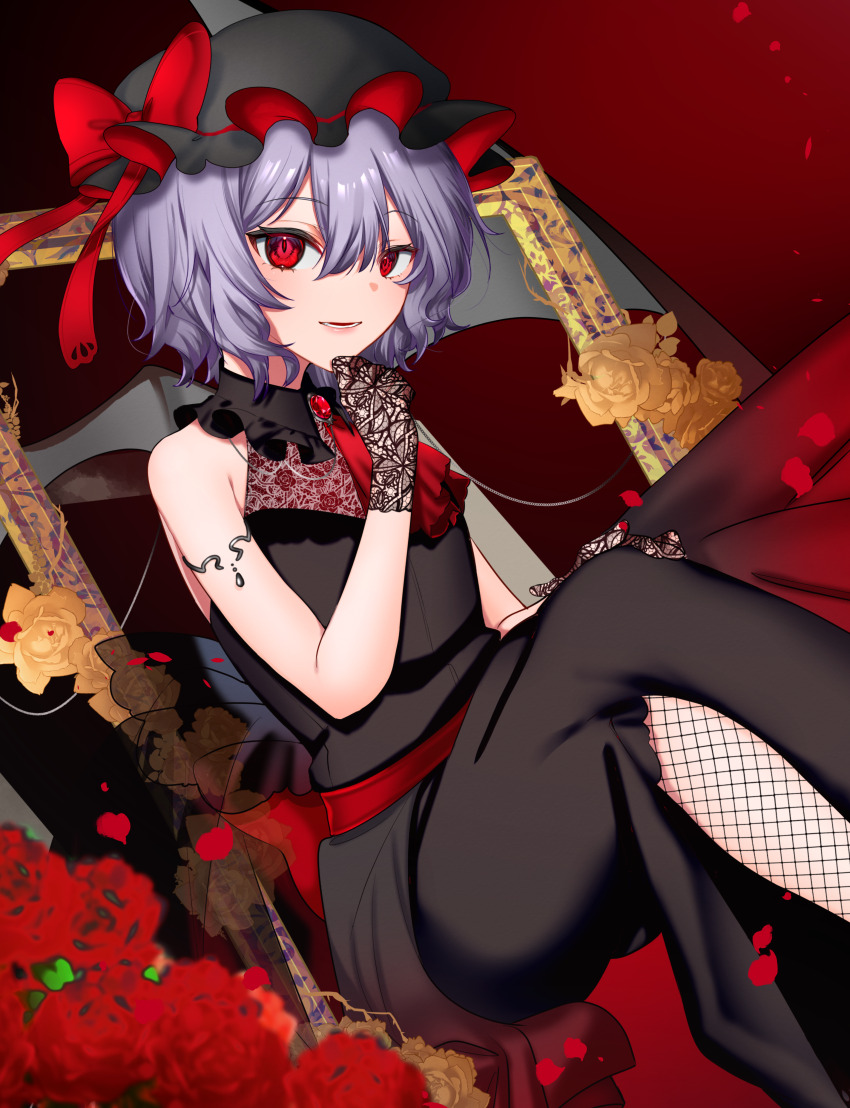 1girl absurdres alternate_costume alternate_headwear_color ascot bat_wings black_dress black_hat bow brooch commentary_request crossed_legs dress gloves hat hat_bow highres jewelry kodouirasto lace lace_gloves looking_at_viewer mob_cap red_ascot red_bow red_brooch red_eyes remilia_day remilia_scarlet sleeveless sleeveless_dress smile solo touhou wings
