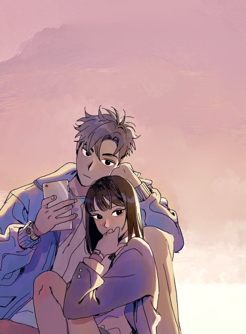 1boy 1girl black_eyes blunt_bangs blush brown_hair cellphone couple hand_on_own_face hetero highres holding holding_phone jacket long_sleeves looking_at_viewer oddxegg0 original outdoors phone shirt short_hair sitting sky smartphone watch wristwatch