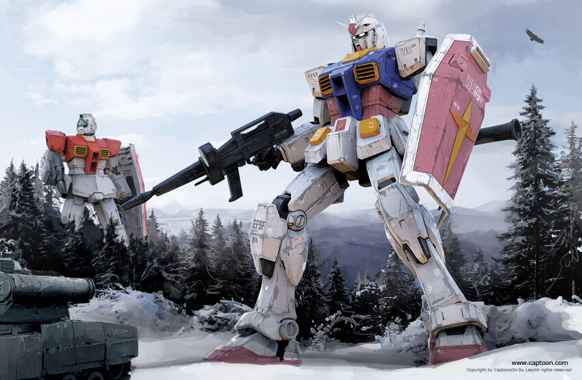3d army bazooka_(gundam) beam_rifle bird captoon cloud commentary eagle earth_federation emblem energy_gun english_commentary flying forest gm_(mobile_suit) gundam machinery mecha military_vehicle mobile_suit mobile_suit_gundam motor_vehicle mountainous_horizon nature pine_tree robot rx-78-2_gundam science_fiction shield signature snow tank tree weapon