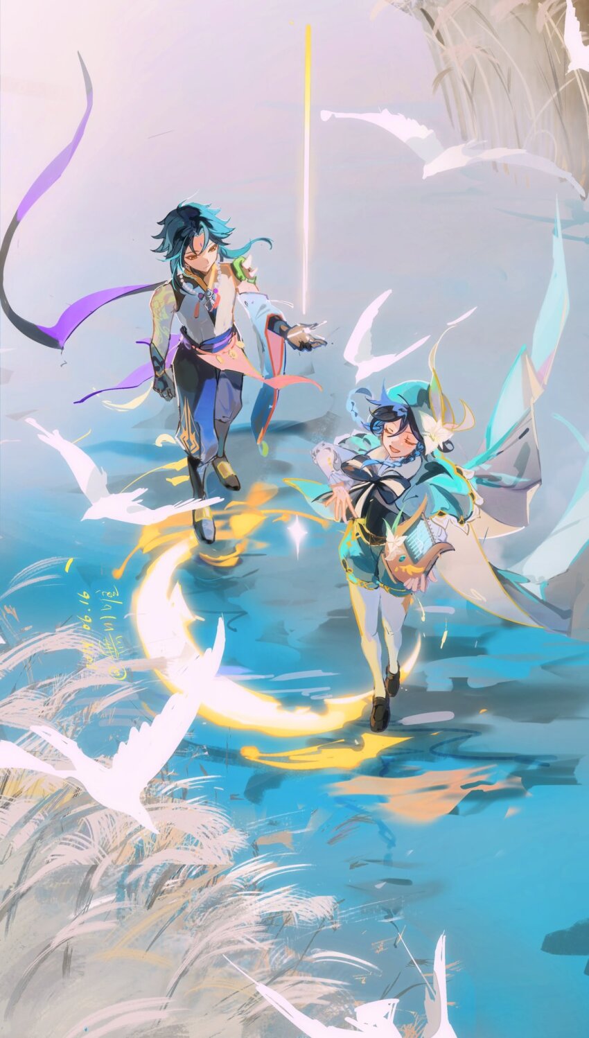2boys :d arm_tattoo asymmetrical_gloves bead_necklace beads beret bird black_boots black_bow black_bowtie black_gloves black_hair blue_hair blue_pants boots bow bowtie braid brown_shoes cape closed_eyes closed_mouth collared_cape commentary commentary_request detached_sleeves english_commentary facial_mark fihasel floating_hair flower forehead_mark frilled_sleeves frills genshin_impact gloves gradient_hair green_cape green_gloves green_hair green_hat green_shorts hair_between_eyes hand_up hat hat_flower highres holding holding_instrument holding_lyre instrument jewelry long_sleeves looking_at_viewer lyre male_focus medium_hair mismatched_gloves mixed-language_commentary multicolored_hair multiple_boys music necklace open_mouth pants pantyhose parted_bangs playing_instrument puffy_shorts purple_cape shirt shoes short_hair short_shorts shorts side_braids sidelocks single_detached_sleeve sleeveless sleeveless_shirt smile standing standing_on_liquid susuki_grass tattoo twin_braids two-sided_cape two-sided_fabric u_u venti_(genshin_impact) water white_flower white_pantyhose white_shirt wide_sleeves xiao_(genshin_impact) yellow_eyes