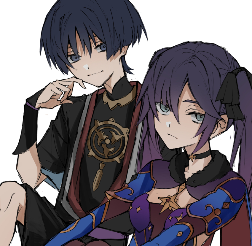 1boy 1girl aqua_eyes armor black_bodysuit black_choker black_eyes black_hair black_kimono black_shorts black_sleeves blue_cape blue_sleeves blunt_bangs blunt_ends bodystocking bodysuit cape choker closed_mouth collarbone detached_sleeves elbow_on_thigh expressionless fur_collar genshin_impact gold gold_trim gradient_hair grey_sleeves hair_between_eyes half-closed_eyes han&#039;eri hand_up highres japanese_armor japanese_clothes jewelry kimono knee_up kote kurokote layered_kimono layered_sleeves leotard long_hair looking_at_viewer mandarin_collar mitsudomoe_(shape) mona_(genshin_impact) multicolored_hair neck_ring open_clothes open_kimono parted_bangs purple_hair purple_leotard red_cape red_kimono scaramouche_(genshin_impact) short_sleeves shorts sidelocks sketch smile star_(symbol) star_choker star_ornament tomoe_(symbol) twintails two-sided_cape two-sided_fabric user_gyxm3584 white_background white_kimono