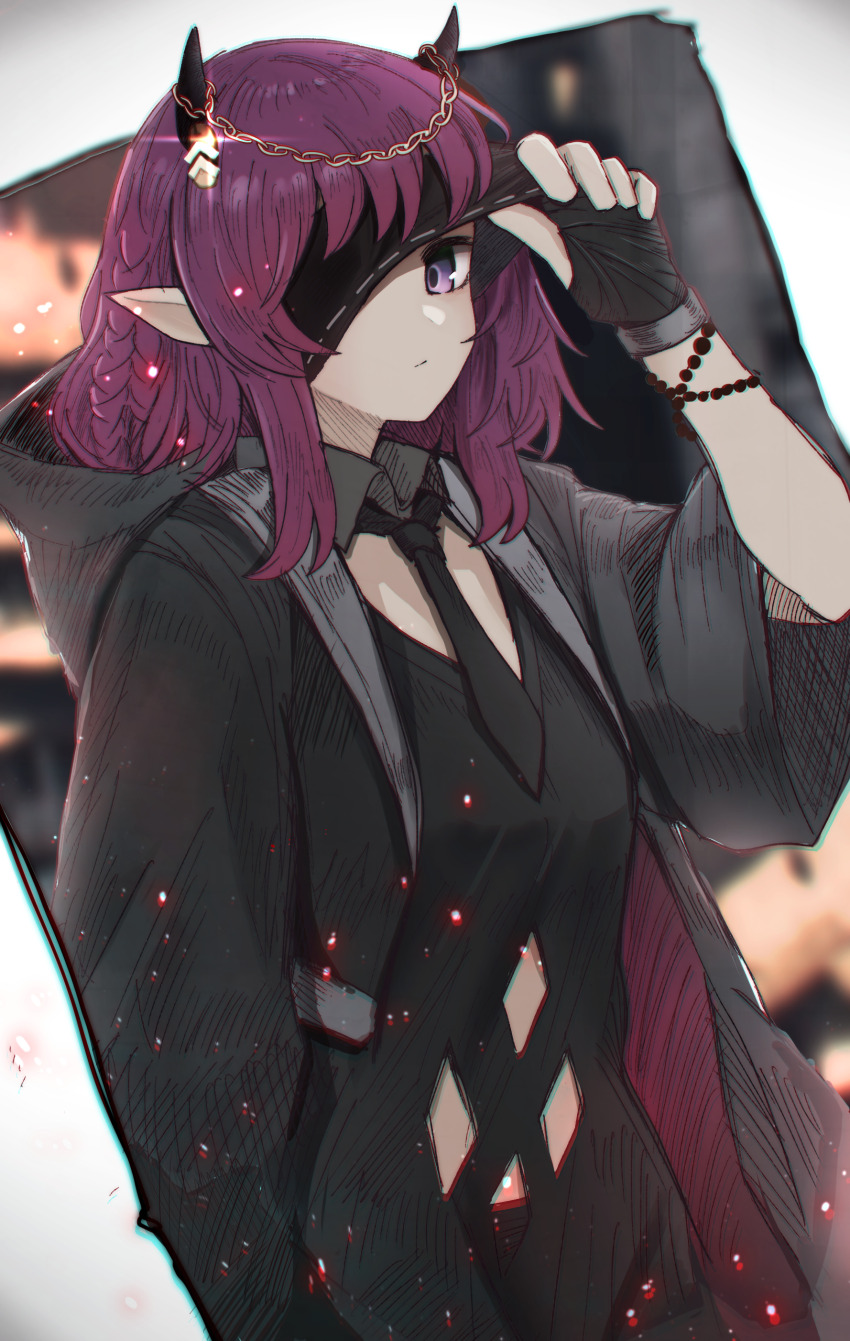 1girl absurdres arknights black_necktie black_robe black_shirt blindfold blindfold_lift braid chain chromatic_aberration closed_mouth commentary demon_girl demon_horns fingerless_gloves gloves highres hood hood_down hooded_robe horns lava_(arknights) lava_the_purgatory_(arknights) lifting_own_clothes medium_hair necktie official_alternate_costume pointy_ears purple_eyes purple_hair robe sasahara_(shou_goi) shirt solo