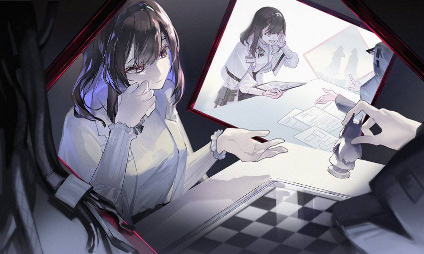 1girl 1other arknights black_hairband brown_hair capelet chess_piece chessboard coat doctor_(arknights) grey_eyes hairband hood long_hair mizukai paper priestess_(arknights) solo sweater turtleneck turtleneck_sweater white_capelet white_coat white_sweater