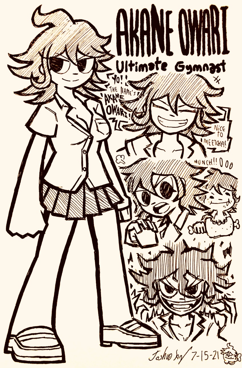 1girl absurdres boned_meat breasts character_name cleavage clenched_hands closed_eyes closed_mouth commentary danganronpa_(series) danganronpa_2:_goodbye_despair dated doodle_inset eating english_commentary english_text fangs food full_body greyscale hatching_(texture) highres josh-s26 meat medium_hair monochrome multiple_views open_mouth owari_akane puff_of_air shirt shoes short_sleeves signature simple_background skirt speech_bubble teeth upper_teeth_only v-shaped_eyebrows white_background