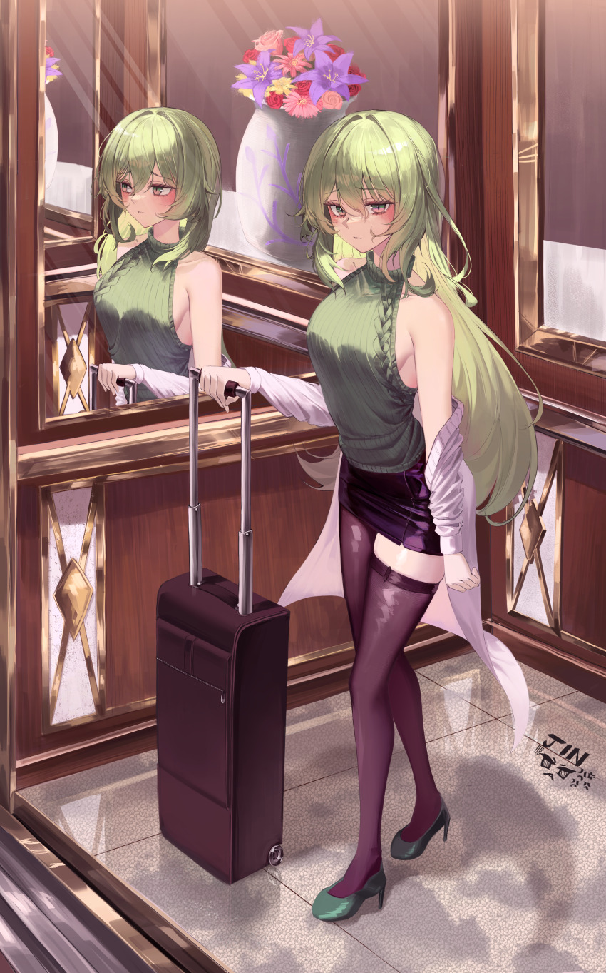 1girl absurdres artist_name asymmetrical_legwear black_pantyhose black_skirt black_thighhighs breasts coat commentary elevator english_commentary frown green_hair green_sweater halterneck highres honkai_(series) honkai_impact_3rd jinnnnnn23 long_hair medium_breasts microskirt miniskirt mirror mobius_(honkai_impact) pantyhose reflection rolling_suitcase sideboob single_leg_pantyhose single_thighhigh skirt slit_pupils solo suitcase sweater thighhighs turtleneck turtleneck_sweater white_coat