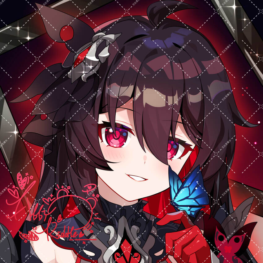 1girl abby_riddle black_dress black_hair blue_butterfly bug butterfly butterfly_on_hand chinese_commentary colored_inner_hair commentary dress gloves highres honkai_(series) honkai_impact_3rd insect light_blush long_hair multicolored_hair portrait red_eyes red_gloves red_hair seele_(alter_ego) seele_vollerei seele_vollerei_(starchasm_nyx) signature smile solo two-tone_hair watermark watermark_grid