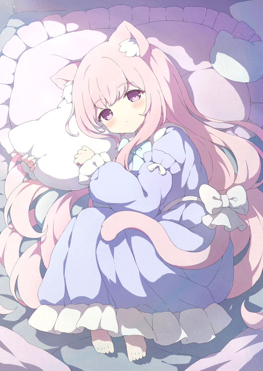 1girl animal_ear_fluff animal_ears back_bow barefoot blue_bow blue_bowtie blue_dress blush bow bowtie cat_ears closed_mouth commentary dress fang frilled_dress frilled_sleeves frills full_body head_on_pillow highres indoors long_hair long_sleeves looking_at_viewer lying on_bed on_side original pillow pink_eyes pink_hair skin_fang solo tyomimas white_bow