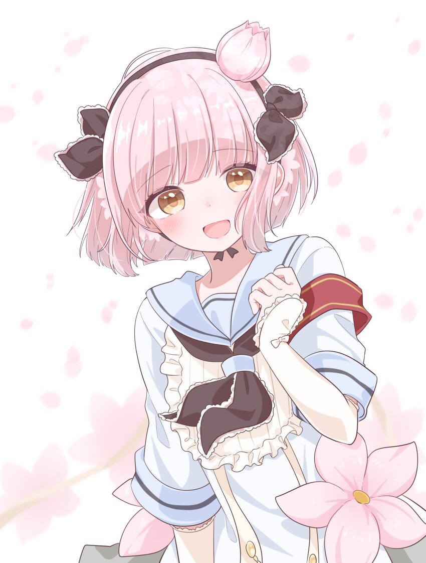 1girl armband blue_dress blue_sailor_collar blunt_bangs blush commentary dress flower highres mahou_shoujo_ikusei_keikaku oekakitanoshina open_mouth pink_flower pink_hair red_armband sailor_collar short_hair smile snow_white_(mahoiku) solo yellow_eyes