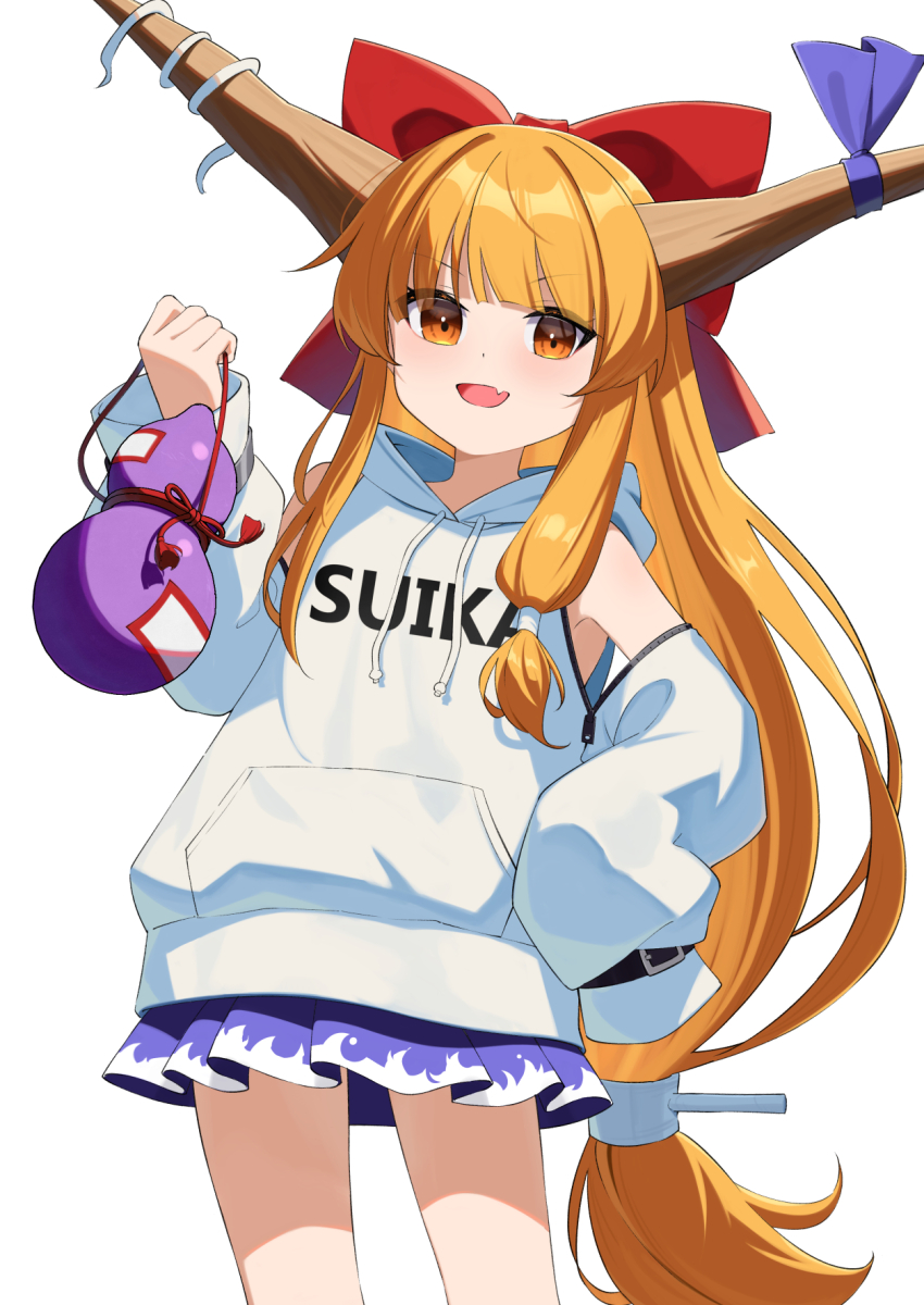 1girl :d alternate_costume blunt_bangs blush bow brown_horns clothing_cutout commentary_request cowboy_shot fang gourd hair_bow highres hood hood_down hoodie horn_bow horn_ornament horns ibuki_suika long_hair looking_at_viewer low-tied_long_hair oeyama open_mouth orange_eyes orange_hair pleated_skirt purple_bow purple_skirt red_bow shoulder_cutout sidelocks simple_background skin_fang skirt smile solo touhou very_long_hair white_background white_hoodie
