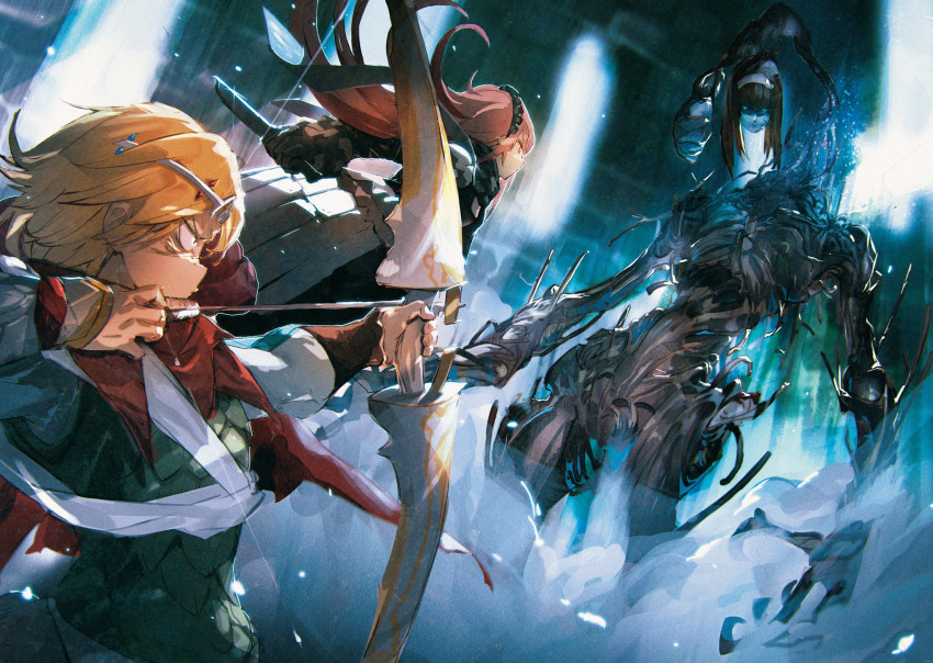 2girls armor bad_link black_hair blonde_hair blue_skin bow_(weapon) brick_wall cape circlet colored_skin cz2128_delta drawing_bow dutch_angle floating_hair floating_head fog hairband highres holding holding_bow_(weapon) holding_knife holding_weapon knife long_hair looking_at_another maid_headdress monster multiple_girls neia_baraja no_pupils official_art overlord_(maruyama) pink_hair red_cape sanpaku scale_armor short_hair so-bin standing sway_back weapon wrist_guards