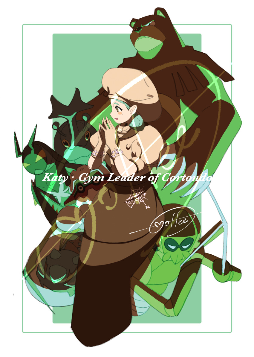 1girl absurdres apron araquanid ascot blush_stickers border brown_apron brown_ascot brown_skirt buttons cccacademia character_name gen_2_pokemon gen_7_pokemon gloves green_background green_hair hands_up hat heracross highres katy_(pokemon) lokix mixed-language_commentary nintendo open_mouth pokemon pokemon_(creature) pokemon_sv shirt short_sleeves signature skirt smile spidops ursaring waist_apron white_border