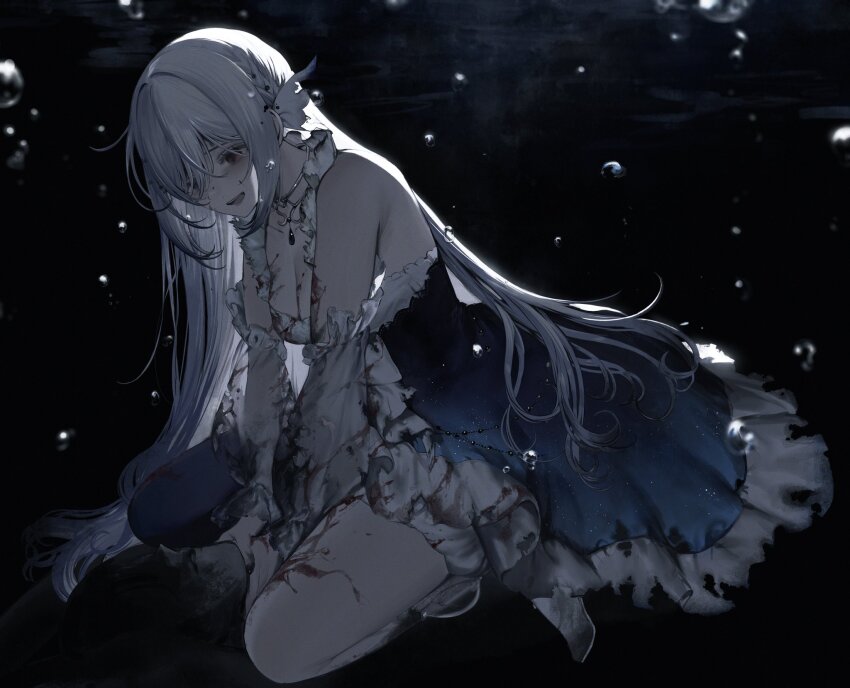 1boy 1girl aitsuki_nakuru asphyxiation bare_shoulders blood blood_in_hair blood_on_chest blood_on_clothes blood_on_leg blue_dress breasts cleavage commentary_request dark dark_background death detached_sleeves dress faceless faceless_male frilled_dress frilled_sleeves frills girl_on_top grey_eyes hair_between_eyes highres la_priere light_particles long_hair long_sleeves looking_down medium_breasts murder open_mouth sleeveless sleeveless_dress strangling torn_clothes torn_dress video_thumbnail violence water_drop white_dress white_hair white_sleeves yandere youichi_(45_01)