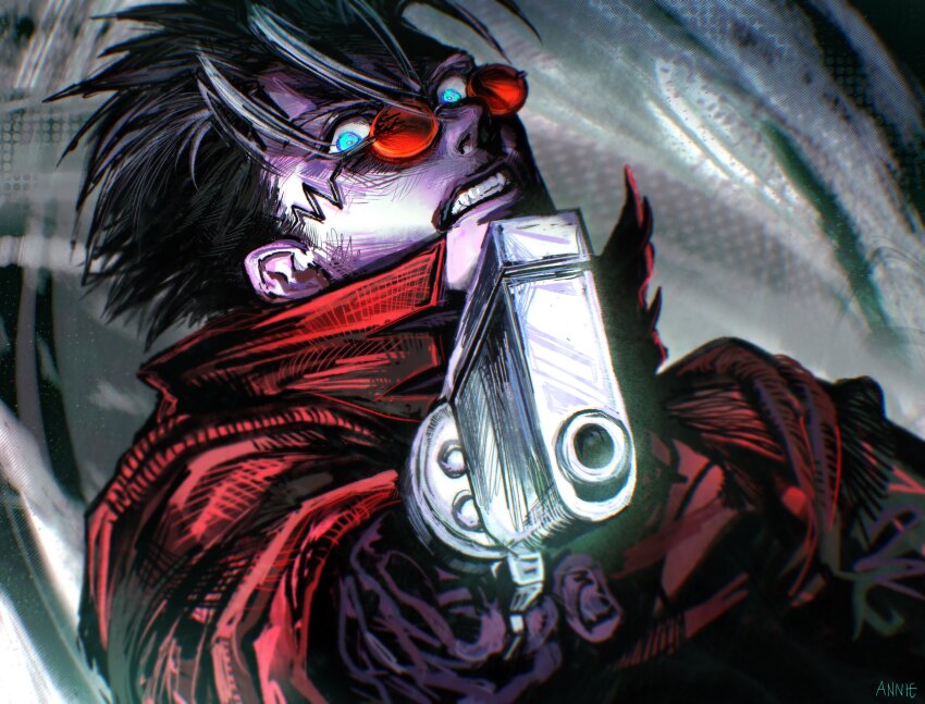 1boy absurdres agl_arms_.45_long_colt anniechromes black_gloves blue_eyes break-action_revolver glasses gloves grey_background gun hand_up handgun highres holding holding_gun holding_weapon jacket low_bore_axis_revolver male_focus open_mouth orange-tinted_eyewear red_jacket revolver round_eyewear short_hair solo spiked_hair teeth tinted_eyewear trigun upper_body v-shaped_eyebrows vash_the_stampede weapon