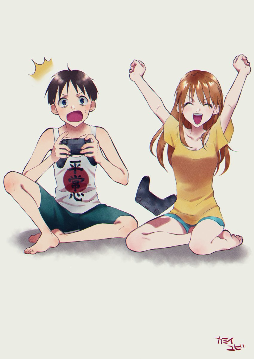1boy 1girl barefoot black_hair blue_eyes blush breasts brown_hair casual controller full_body hair_down hair_ornament happy highres ikari_shinji joystick long_hair neon_genesis_evangelion playing_games shadow shirt short_hair shorts sitting smile souryuu_asuka_langley surprised toes two_side_up very_long_hair yellow_shirt yubi_kamii