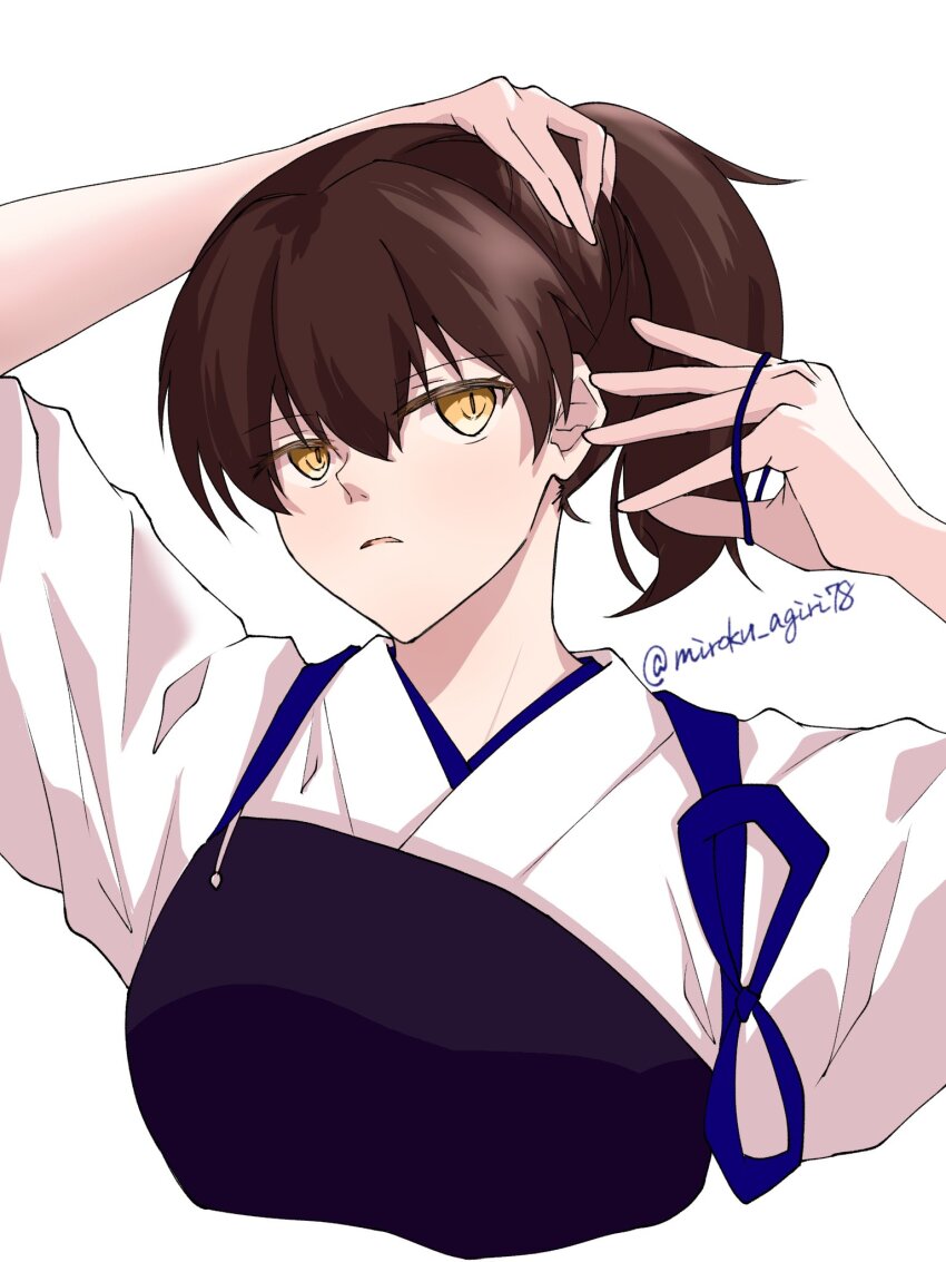 1girl black_hair highres holding holding_own_hair kaga_(kancolle) kantai_collection kosode miroku_(miroku_agiri78) muneate one-hour_drawing_challenge rubber_band side_ponytail solo tasuki twitter_username upper_body yellow_eyes