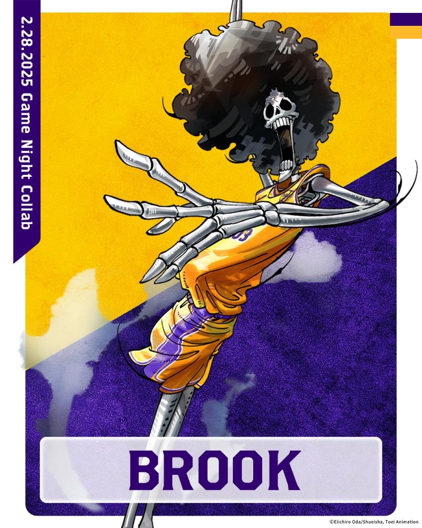 1boy afro arm_up artist_request basketball_jersey basketball_uniform black_hair brook_(one_piece) character_name dated highres los_angeles_lakers male_focus national_basketball_association official_art one_piece open_mouth playing_sports promotional_art shirt skeleton skinny solo spinning sportswear teeth yellow_shirt