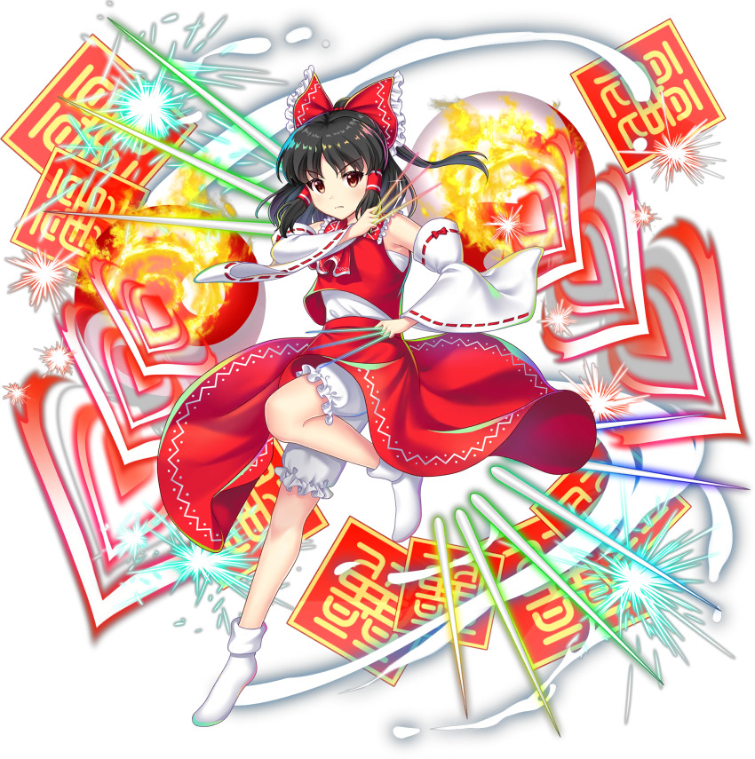1girl ascot black_hair bloomers bow brown_eyes closed_mouth detached_sleeves frilled_bow frills full_body game_cg hair_bow hair_tubes hakurei_reimu hakurei_reimu_(cherry_blossom:dream) highres holding holding_needle leg_up long_hair looking_at_viewer medium_hair needle official_art ofuda orb perfect_cherry_blossom red_ascot red_bow red_skirt ribbon-trimmed_sleeves ribbon_trim rotte_(1109) shirt sidelocks skirt socks solo third-party_source throwing_needles touhou touhou_lostword transparent_background underwear v-shaped_eyebrows white_shirt white_socks wide_sleeves yin_yang yin_yang_orb