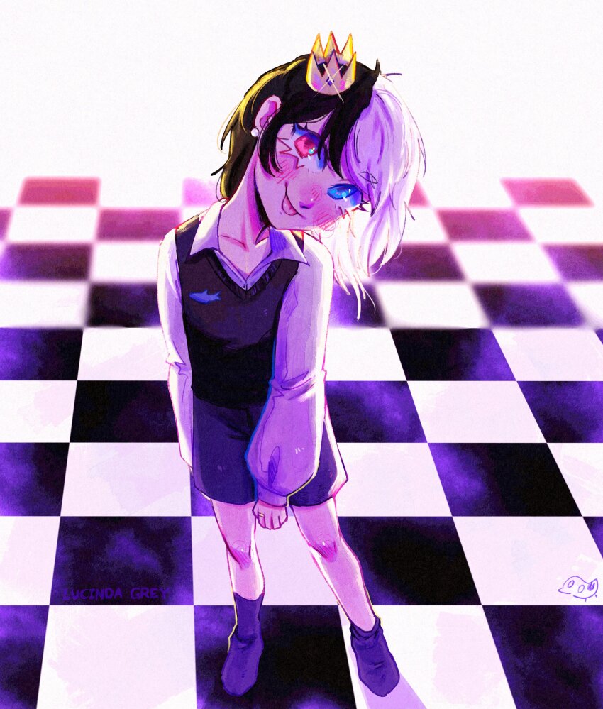 1girl absurdres artist_name black_hair black_sweater_vest blue_eyes blush blush_stickers checkered_floor chromashift collared_shirt commentary crown english_commentary eyelashes full_body glint grey_shoes grey_shorts head_tilt heterochromia highres long_sleeves looking_at_viewer lucinda_grey medium_hair mini_crown multicolored_hair purple_hair red_eyes rin_penrose shirt shoes shorts smile solo split-color_hair standing sweater_vest tongue tongue_out two-tone_hair virtual_youtuber white_shirt
