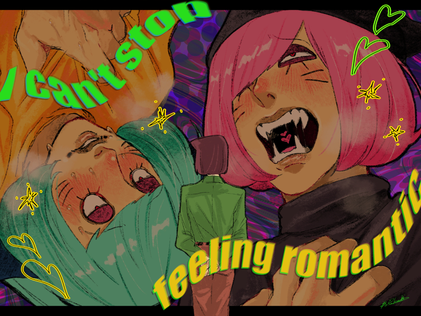 3boys blue_hair blush brown_hair clutching_chest eihrdgyybnq6aiw english_text facial_mark fangs green_shirt hair_over_one_eye highres letterboxed luther_von_ivory male_focus multiple_boys nyen_(randal&#039;s_friends) nyon_(randal&#039;s_friends) pink_hair purple_background randal&#039;s_friends shirt short_hair whisker_markings yaoi