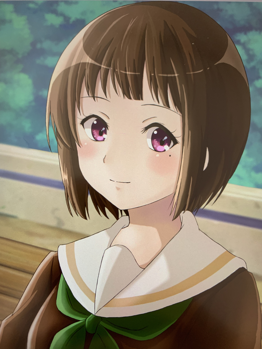 1girl absurdres bench brown_eyes close-up hibike!_euphonium highres looking_at_viewer mole mole_under_eye nakaseko_kaori purple_eyes school_uniform short_hair shyuu smile