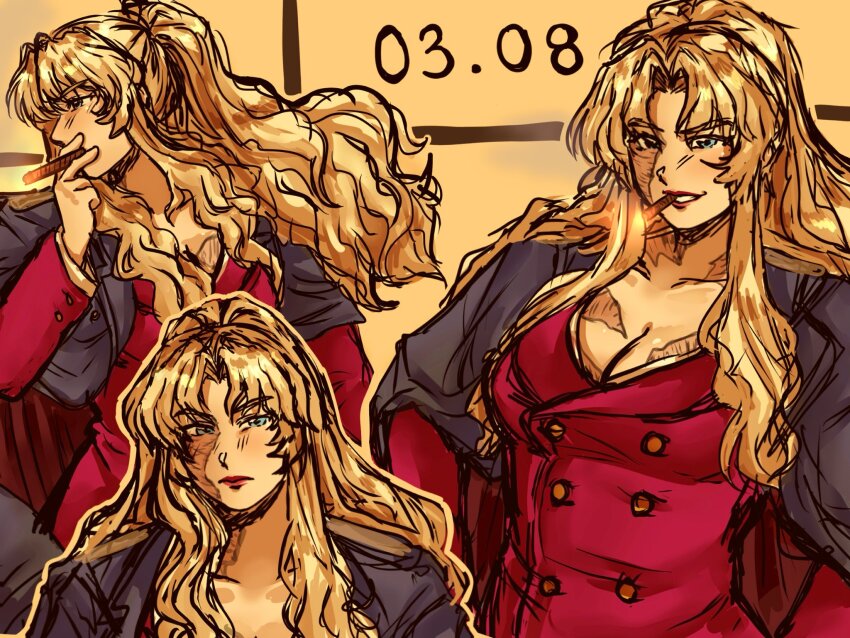 balalaika_(black_lagoon) black_lagoon blonde_hair blue_eyes breasts cigar coat coat_on_shoulders highres large_breasts lietnya long_hair scar scar_on_face