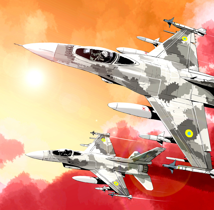 2others aim-9_sidewinder aircraft airplane cloud cloudy_sky commentary_request f-16_fighting_falcon fighter_jet highres matsuda_juukou military_vehicle multiple_others orange_sky original pilot red_clouds roundel russo-ukrainian_war sky sun vehicle_focus